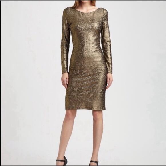 Alice and Olivia Gold Metallic Bodycon Midi Cocktail Party Dress - Picture 4 of 13